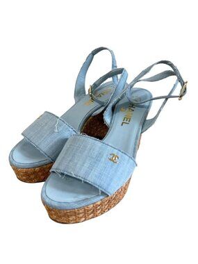 Chanel Coco Mark Open Toe Ankle Strap Wedge Sole Sandals 34 1/2